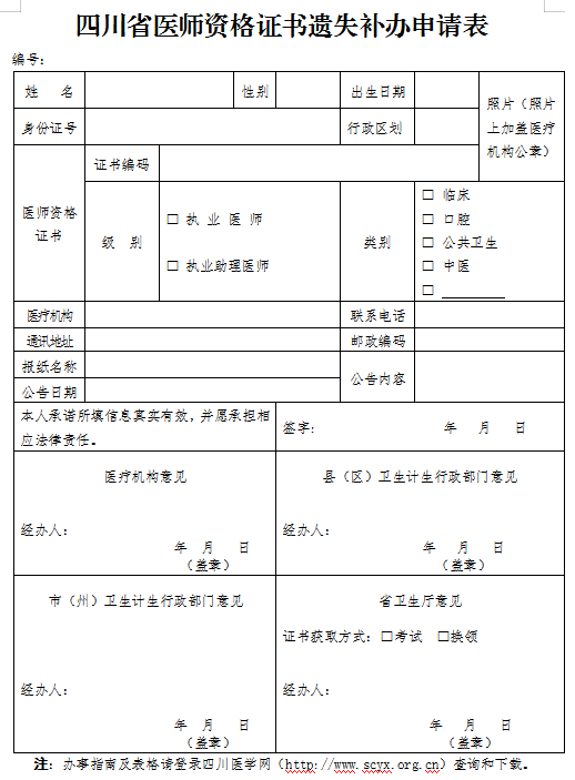 南部县四川省医师资格证书遗失补办申请表